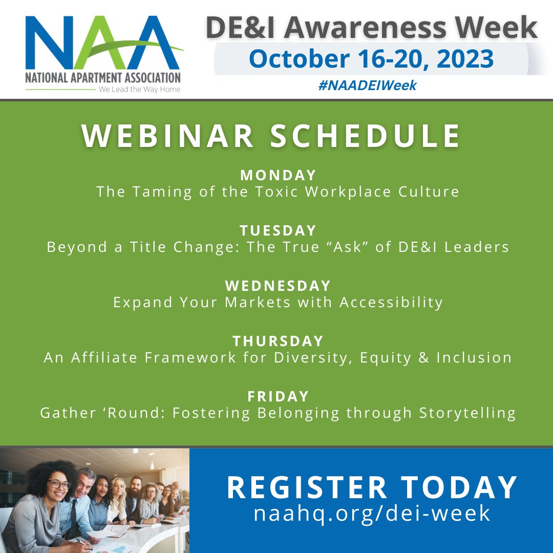 AANCOnline's tweet image. It’s National Apartment Association's Diversity &amp;amp; Inclusion Awareness Week! Gain imperative knowledge through an amazing lineup of free webinars at naahq.org/dei-week. #NAADEIWeek