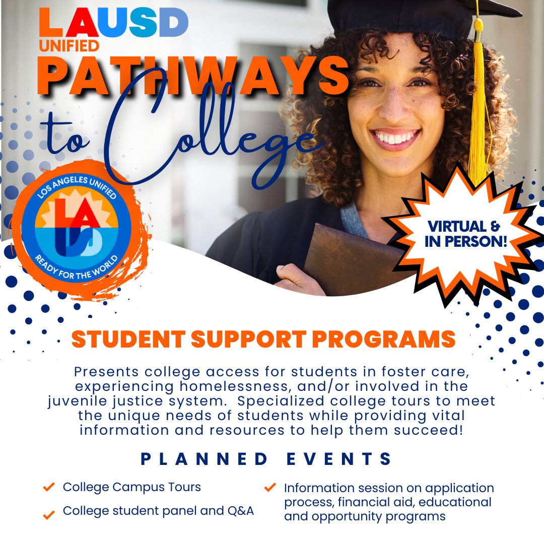 LAUSD Student Support Programs (@lausd_ssp) on Twitter photo SSP presents Pathways to College tours. Interested students should contact their Specialized Student Services (SSS) counselor to sign up and attend any of the in-person or virtual tours for the month of October.
<a href="/SHHSLausd/">Student Health and Human Services</a>
<a href="/PbisRp/">LAUSD PBIS/RP</a>
@lausd_psa
<a href="/LAUSDHEO/">Homeless Ed Office</a>
<a href="/WPLausd/">Wellness Programs_LAUSD</a> SSP presents Pathways to College tours. Interested students should contact their Specialized Student Services (SSS) counselor to sign up and attend any of the in-person or virtual tours for the month of October.
<a href="/SHHSLausd/">Student Health and Human Services</a>
<a href="/PbisRp/">LAUSD PBIS/RP</a>
@lausd_psa
<a href="/LAUSDHEO/">Homeless Ed Office</a>
<a href="/WPLausd/">Wellness Programs_LAUSD</a>