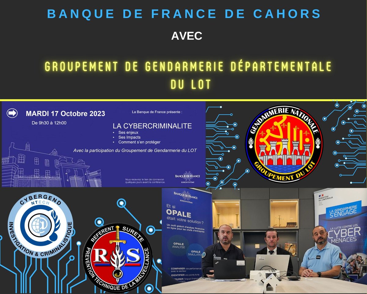 Aujourd'hui, le groupement de gendarmerie départementale du Lot à répondu à l'invitation de la Banque de France de Cahors afin de participer à l'animation d'un webinar sur la Cybercriminalité. 200 personnes inscrites sur la région Occitanie. 
#cybergend #cybermenaces