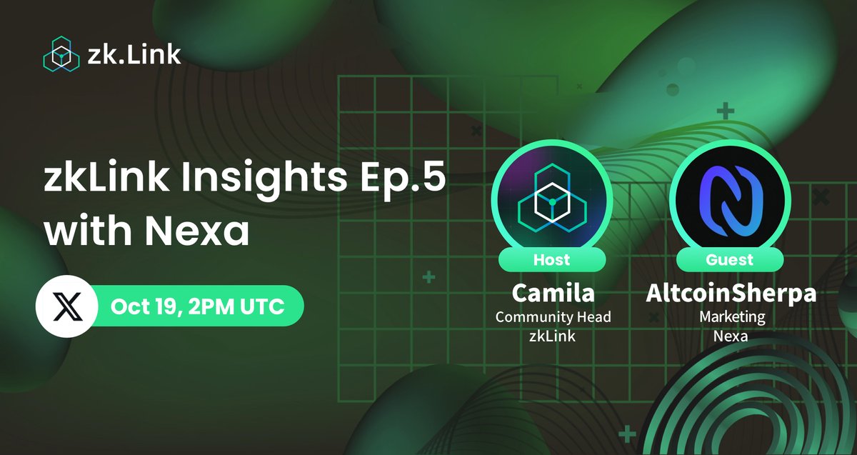 See you at #zkLinkInsights Episode 5 with <a href="/nexa_network/">NEXA</a> to uncover how Nexa enables cross-chain of tokens and NFTs, making them truly chain-agnostic.

🗓 Oct 19, 2PM UTC
📍 Set reminder: x.com/i/spaces/1RDGl…
🤩 Complete #Galxe tasks and earn points now: galxe.com/zkLink/campaig…