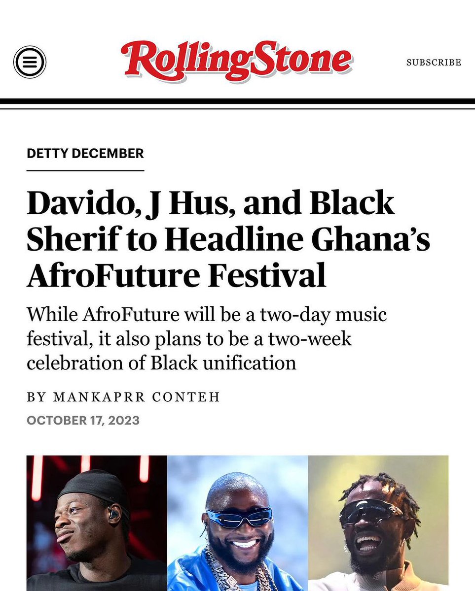 Black Sherif, Davido and JHus to headline Afro Future this year. 

#dettydecember #decemberinghana #afrofuture
