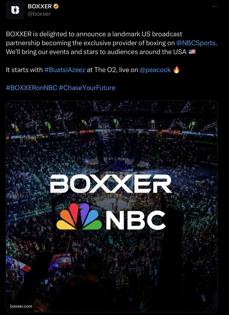 BOXXER AND NBC SPORTS ANNOUNCE EXCLUSIVE MEDIA
RIGHTS PARTNERSHIP #Boxing #BOXXERonNBC #ChaseYourFuture