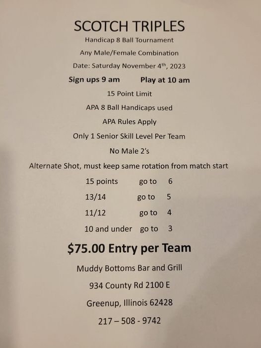 IllinoisPool's tweet image. 8 Ball Triples Tournament
• 11/4/23 (10am)
• Greenup (Muddy Bottoms Bar &amp;amp; Grill)
• $75