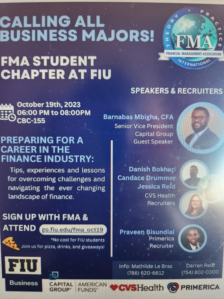 Hello, twitter fam! If you are an FIU student interested in preparing for a career in the finance industry, feel free to join FMA's event on Oct. 19th (Thursday) at 6 pm in CBC 155 (or 154) at FIU MMC! go.fiu.edu/fma_oct19🏆👨🏾‍‍👩🏻‍‍‍‍🧑🏻👨🏾‍‍👩🏻🏅