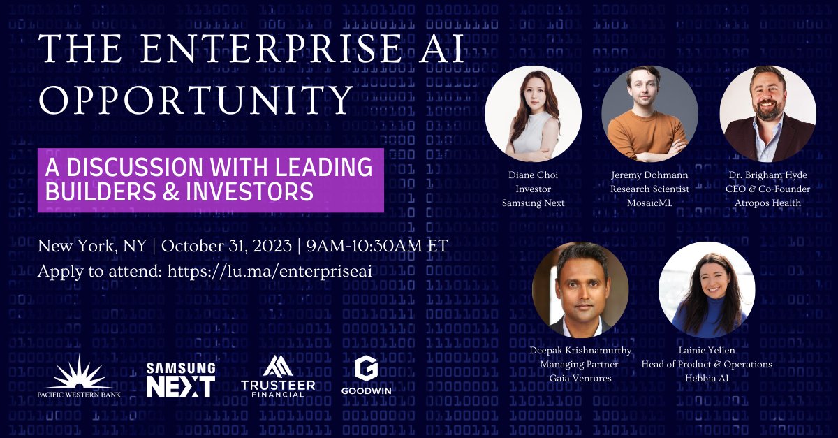 SamsungNext's tweet photo. 📣 NYC #AI builders and investors: join us on 10/31 for a dynamic convo on enterprise AI adoption + the pivotal role that AI startups play. Ft. @hebbia, @AtroposHealth, @MosaicML, and #GaiaVentures 
Apply to join here: https://t.co/WDwfC4a0FC https://t.co/KSC3Ozaybh