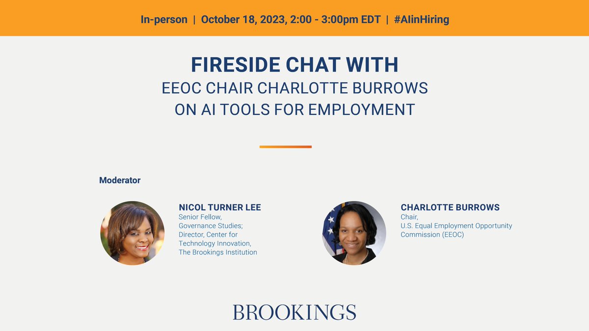 Tomorrow, @BrookingsGov Senior Fellow @drturnerlee will host @USEEOC Chair Charlotte A. Burrows to explore the future of non-discriminatory AI in recruitment, hiring, retention, and more. Join us! 🗓️: Wed, Oct. 18 🕚: 2pm - 3pm EDT 🔗 to register: brookings.edu/events/ai-in-e…