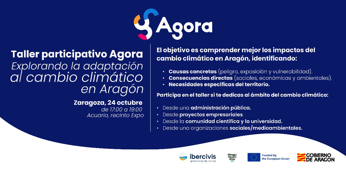 📝 Apunta esta fecha: 24 de octubre 

<a href="/Ibercivis/">Fundación Ibercivis</a> y <a href="/CCyEAAragon/">Cambio Climático Aragón</a> organizamos el primer taller participativo para identificar vulnerabilidades y necesidades de #Aragón para adaptarse al #cambioclimático

 #AragonClimateWeek

🕖 17:00 h
📍<a href="/nuevoacuariozgz/">Acuario de Zaragoza</a>

ℹ️ ibercivis.es/taller-partici…