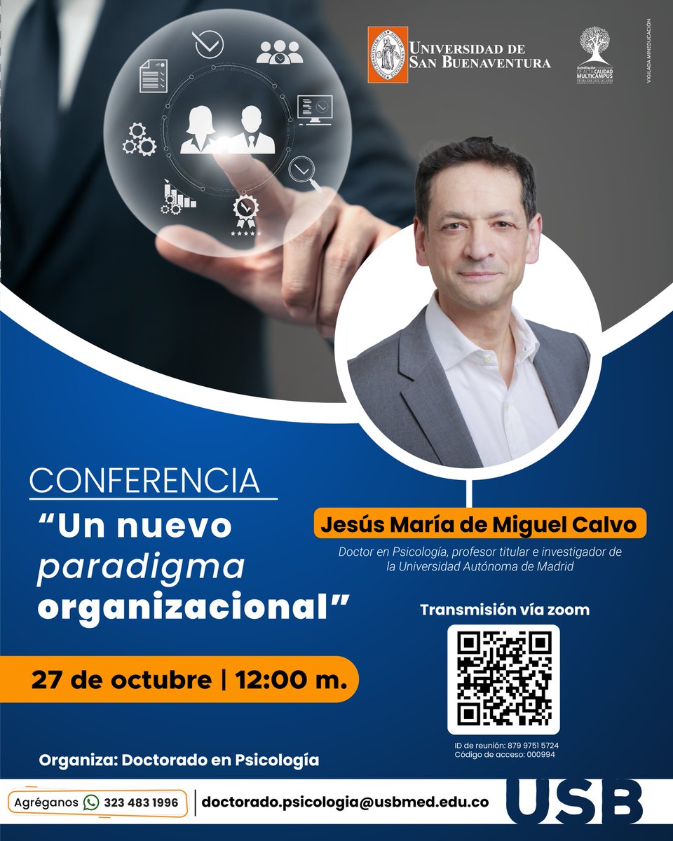 doctoradopsicol's tweet photo. Cordial saludo. Comparto invitación a teleconferencia el próximo 27 de octubre a las 12 m con el Dr. Jesús de Miguel, invitado internacional del Doctorado en Psicología. 
Plataforma ZOOM:
https://t.co/nPu8A7Ikys
ID de reunión: 879 9751 5724
Código de acceso: 000994 https://t.co/2gjj78mghr