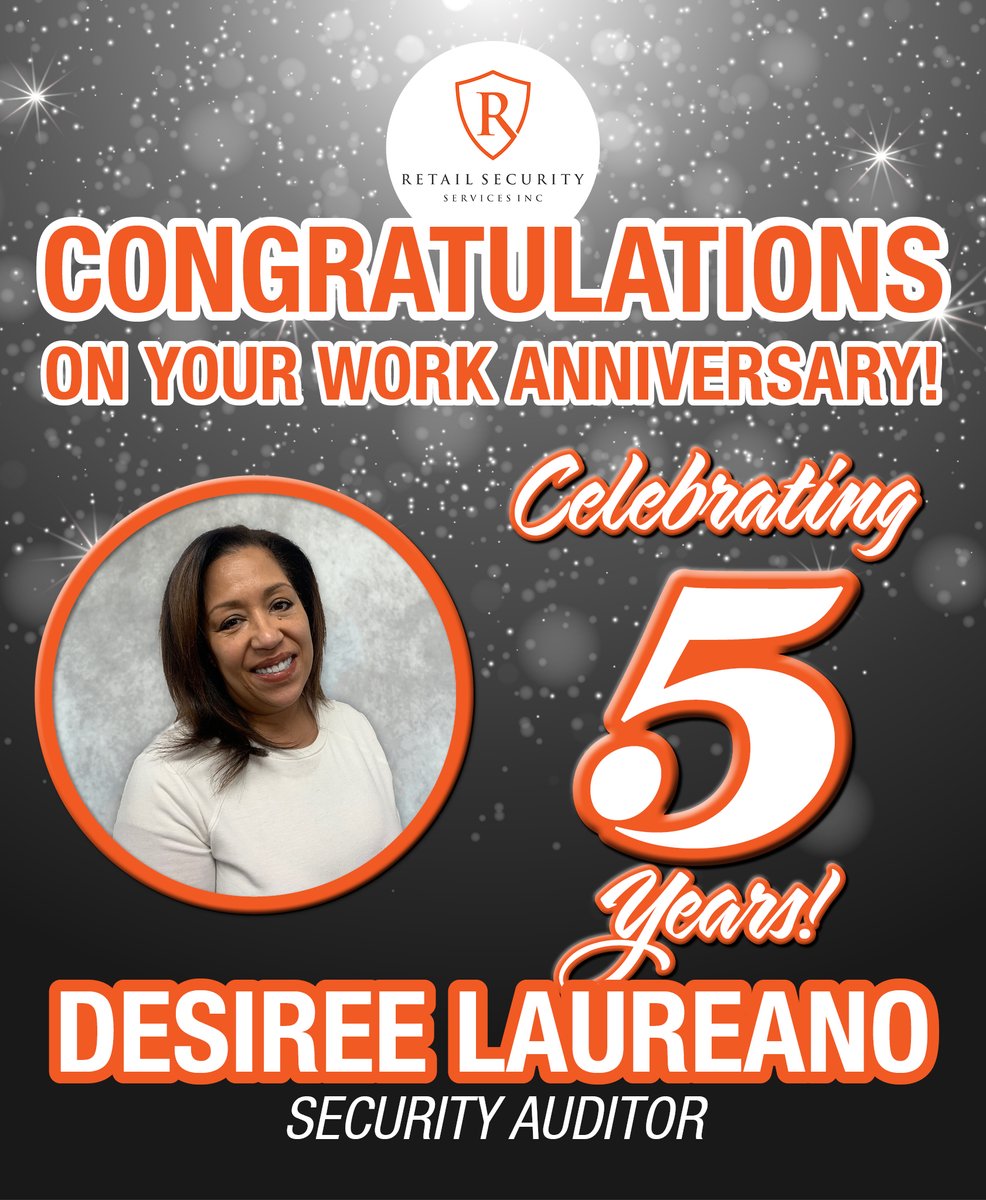 Congratulations to Desiree on her 5-year anniversary as #SecurityAuditor! Thank you for your dedication and commitment, and here's to many more to come.

#EmployeeAnniversary #Milestone #TeamWork #SecurityServices