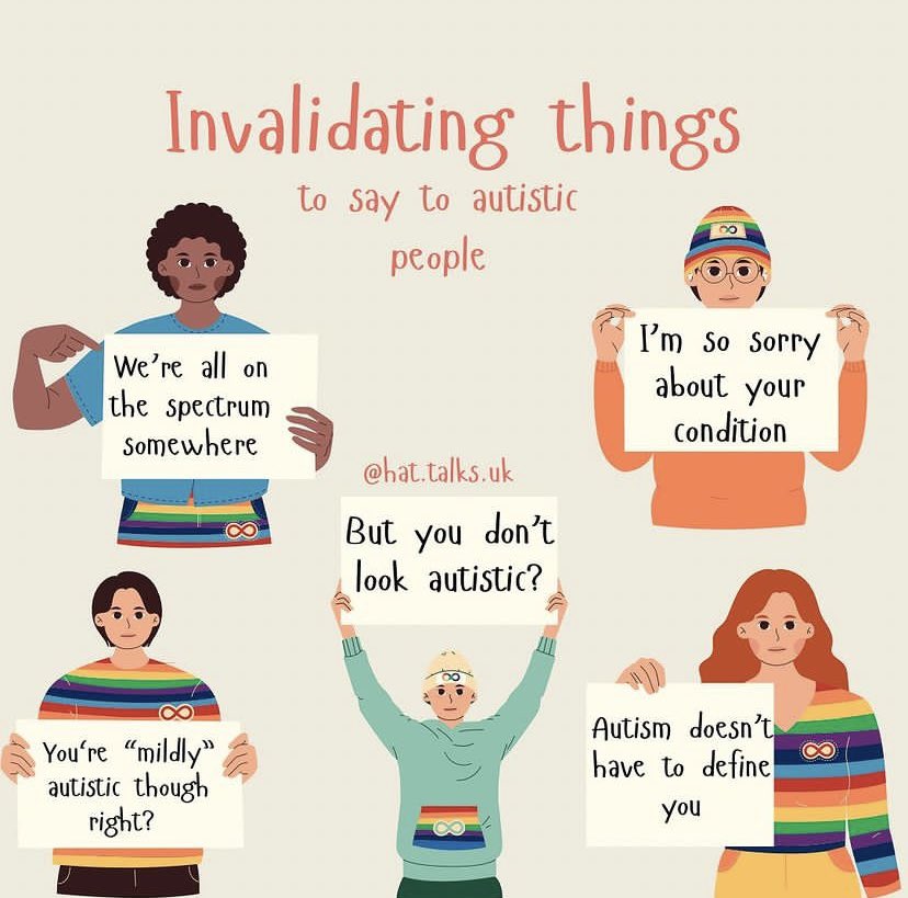 Invalidating things to say to someone after autistic identification, no matter how kind these comments were meant as 🧠🌈 #ActuallyAutistic #Stigma #AutisticPride #AutisticAdult #AutismAcceptance #CelebrateNeurodiversity #AutismDiagnosis