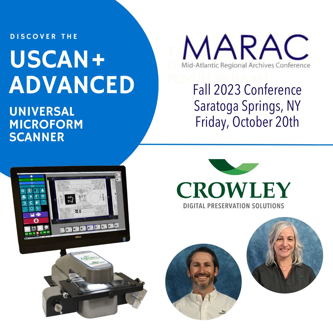 CrowleyScans's tweet photo. Crowley will feature #MLA Multi-year Platinum Award, UScan+ Advanced #Microform #Scanner at the #MARAC Fall Conference in Saratoga Springs, NY on Fri., Oct. 20th. Meet with Crowley's Sr. Busn. Dev. Managers, Meghan and Zak for a demo and learn about #digitization solutions. https://t.co/sEn2e6P3wP