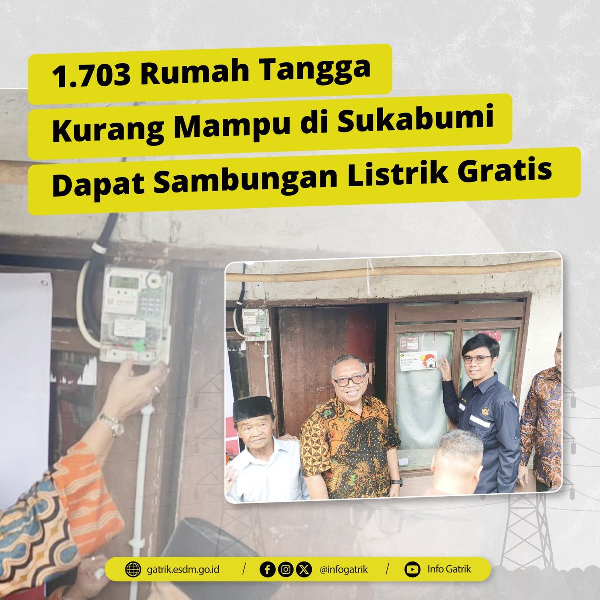 ditjengatrik's tweet photo. Sobat Gatrik,
1.703 rumah tangga kurang mampu di Kabupaten Sukabumi kini telah menerima Program Bantuan Pasang Baru Listrik (BPBL) Tahun 2023 dari Kementerian ESDM.
#BPBL #listrikuntuksemua https://t.co/OSEYo6MfZi