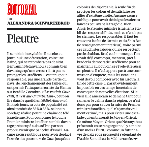 Merci à <a href="/Alexandra/">heart queen</a> Schwartzbrod pour cet édito impeccable, dans <a href="/libe/">Libération</a> ce jour, qui porte la plume dans cette plaie qu'est devenu Benyamin Nétanyahou.