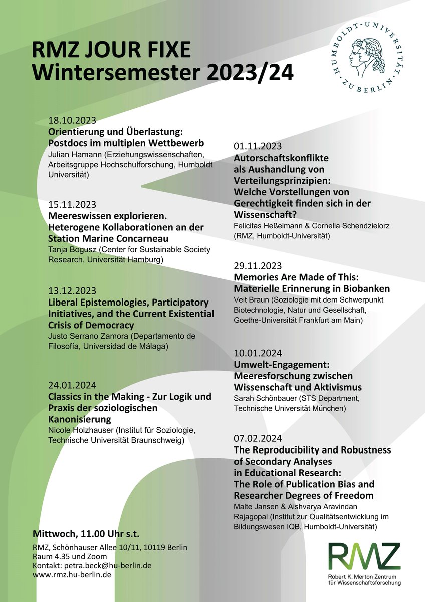 Der RMZ Jour fixe startet in das Wintersemester mit großartigen Gästen und einem breiten Spektrum an Themen.
Die Übersicht über das Programm finden Sie/ findet Ihr hier: rmz.hu-berlin.de/de/termine/rmz…