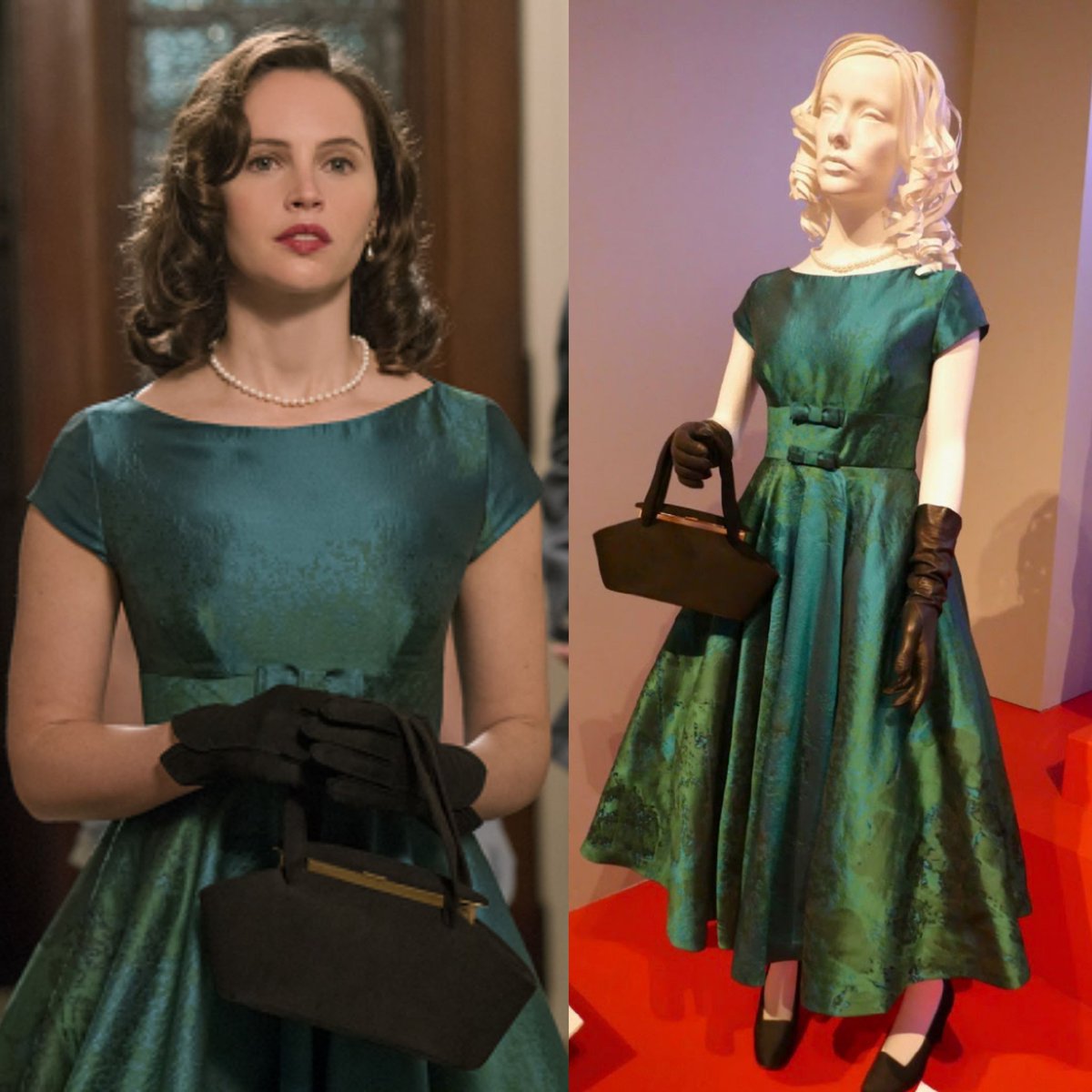 British actress Felicity Jones was born #OnThisDay in 1983. She wore this iridescent green printed full-skirted dress, designed by Isis Mussenden, to portray a young Ruth Bader Ginsburg in Mimi Leder's biopic On the Basis of Sex (2018). #film #costume #dress