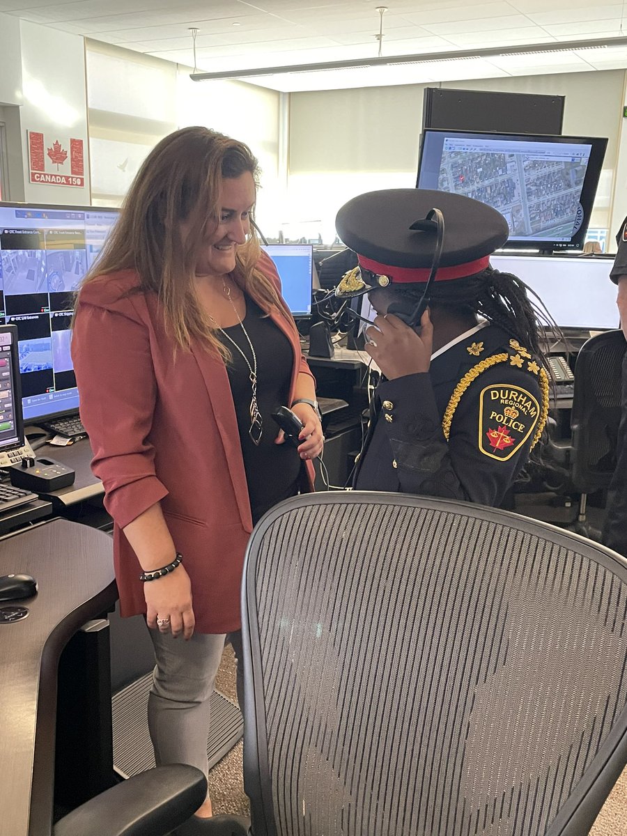 DRPS's tweet photo. Next up: 911/Communications at our operational training centre where S/Sgt Wyatt gave her a tour and Supervisor Bedford showed her how to use the radio and some of the mapping systems we use. She also got a quick tour of the gun range. #cfad https://t.co/rJ2tqCApIt