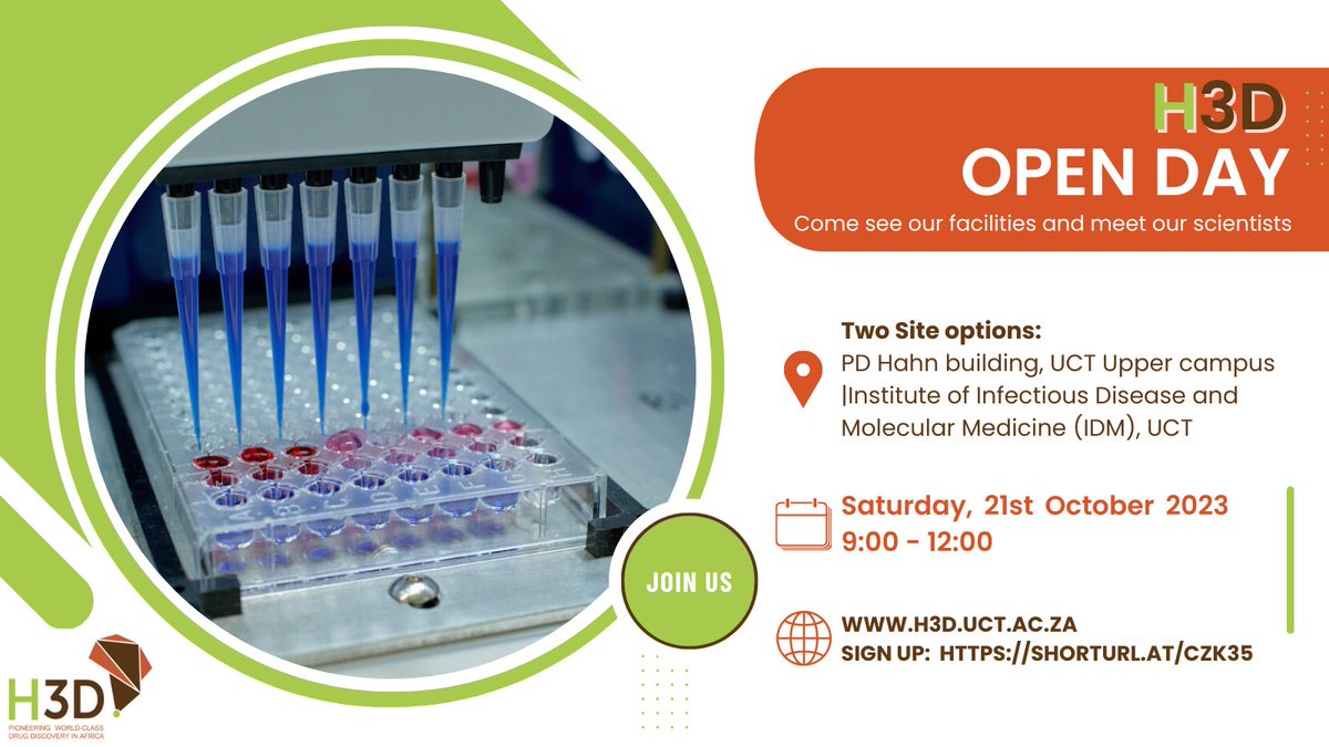 H3D_UCT's tweet photo. Are you currently studying #science in the #WesternCape? Tour our labs and hear about careers in #drugdiscovery as we inspire the next generation of scientists! Find out what makes our team tick at the #H3D Open Day this Sat 21 Oct! Last chance to sign up: https://t.co/cGeHgWrkQ6 https://t.co/EgPGttC7MT