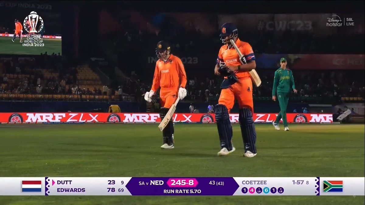 Netherlands scored 245/8 against South Africa. At one stage they were 140/7 in 33.5 overs.

Captain Scott Edwards scored wonderful 78 runns in 69 balls and Aryan Dutt scored 23 runs in just 9 balls to finish innings on high.

#SAvNED #SAvsNED #WorldCup2023 #Bavuma #QuintondeKock