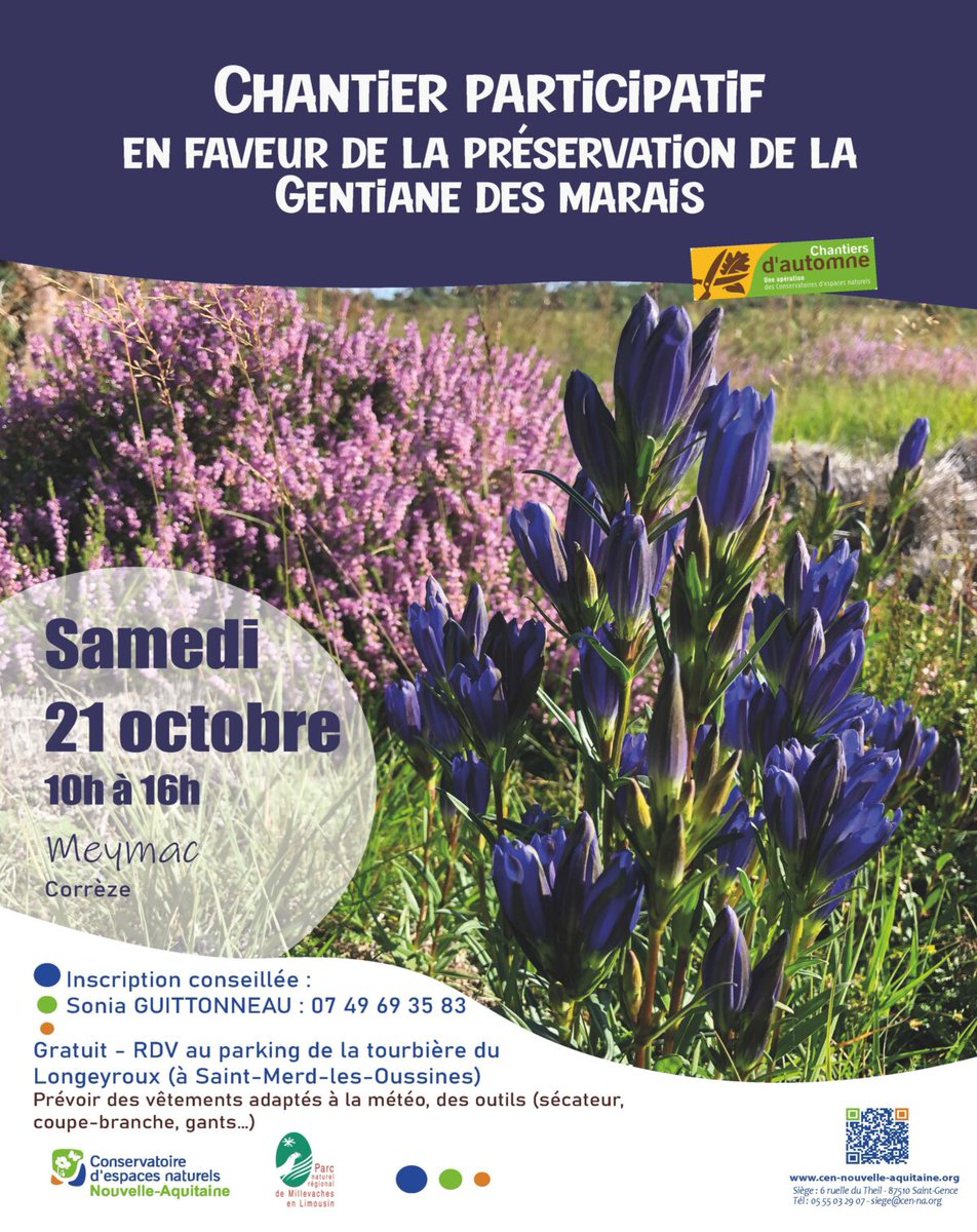 [Chantier d’automne] Le 21 octobre, chantier participatif en faveur de la préservation de la Gentiane des #marais à Meymac (19), organisé par le <a href="/Cen_NAquitaine/">CEN Nouvelle-Aquitaine</a> 👉
Plus d‘info cen-nouvelle-aquitaine.org/21-10-2023-cha…