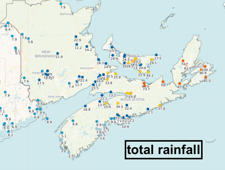 YHZweatherguy's tweet photo. Nice distribution of observations from our @CoCoRaHSCanada observers, showing some impressive rainfalls in Cape Breton.  
BTW, I had 11mm in downtown HFX. https://t.co/peQxts30f9