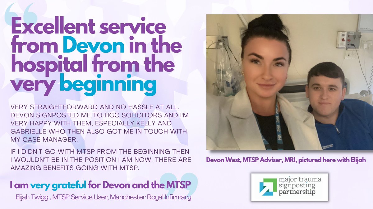 Great to hear such amazing feedback from Elijah, a major trauma patient who was signposted to <a href="/mtsp_mft/">MTSP_MFT</a> during his stay <a href="/MFTnhs/">MFT NHS</a>. MTSP Adviser Devon and the team at <a href="/HCCSolicitors/">HCC Solicitors</a> provided support where it was needed, reducing Elijah's anxiety and stress levels enormously 😀