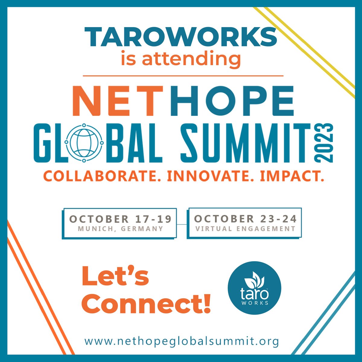 We are in Munich for <a href="/NetHope_org/">NetHope</a> Global Summit!  We can't wait to connect with everyone. Please reach out to meet or email us at hello@taroworks.org.  Looking fwd to learn &amp; share about all the incredible innovations taking place at the nexus of technology &amp; social impact!