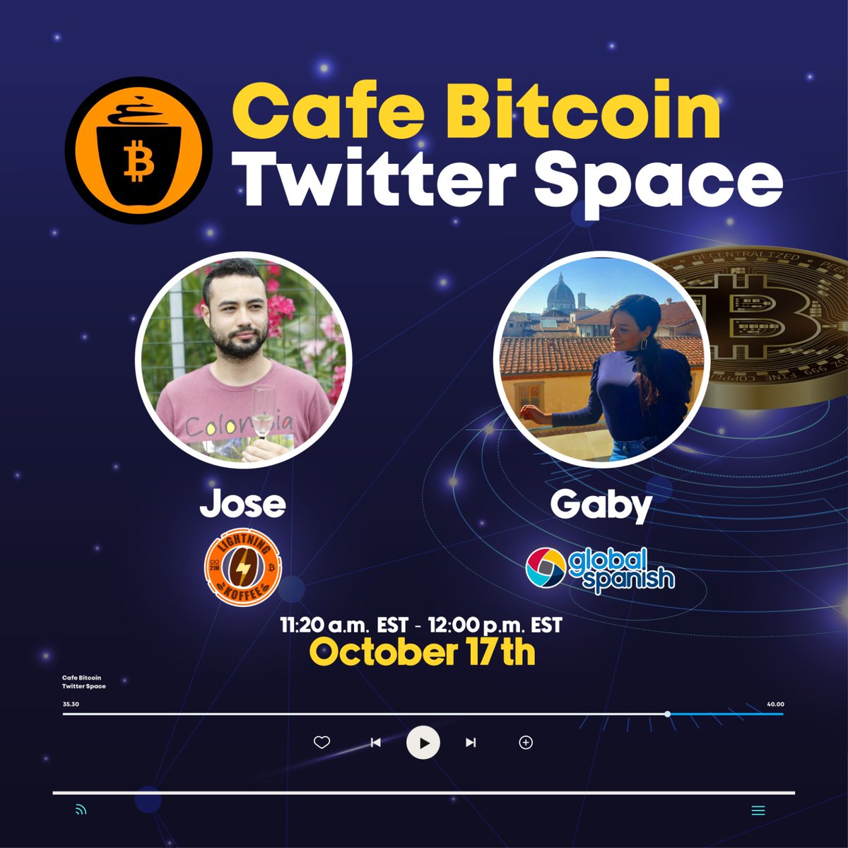gabyvivassa's tweet photo. GOOD NEWS! 

I have the honor to speak in #CafeBitcoin about my business  (Global Spanish)  today!

Join us!! https://t.co/q9ynRgA11y