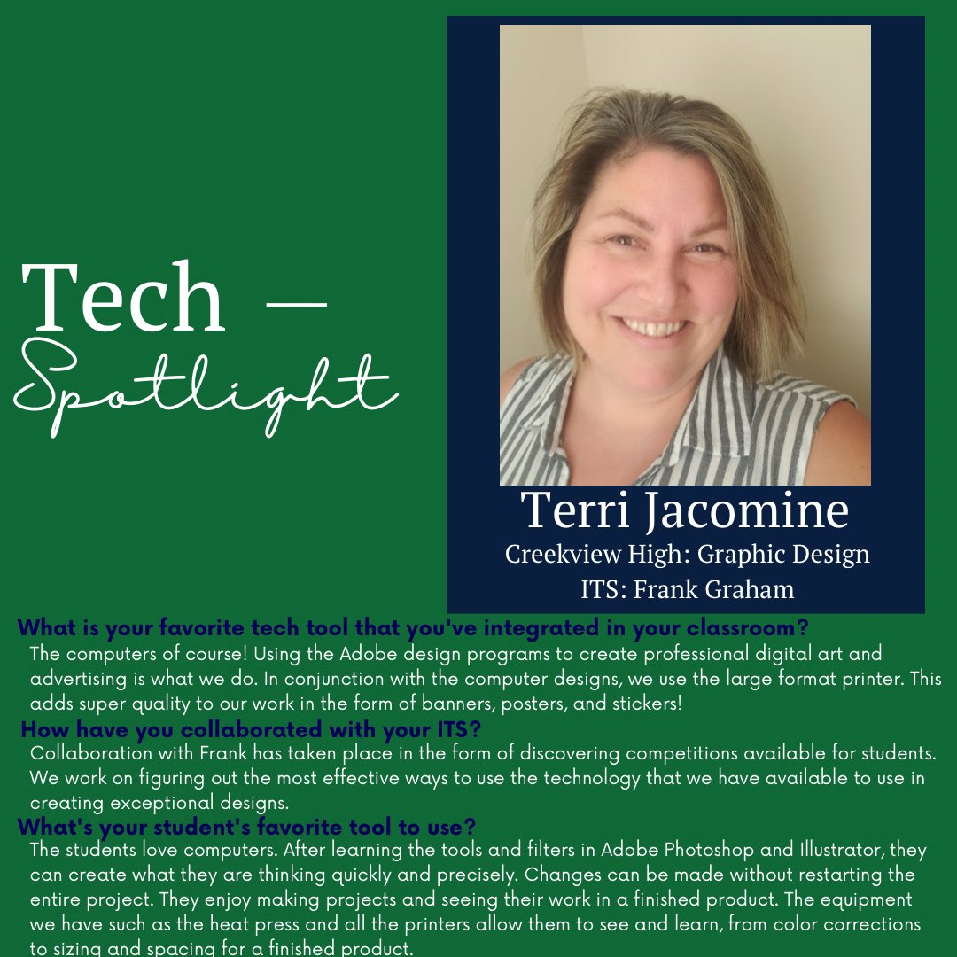 Happy Tech Tuesday! Meet Terri Jacomine 👋🏼 Terri teaches graphic design at Creekview High School! She LOVES using @photoshop in her class and collaborating with her ITS, @TeamInstaGraham 🤩 #CCSDtech