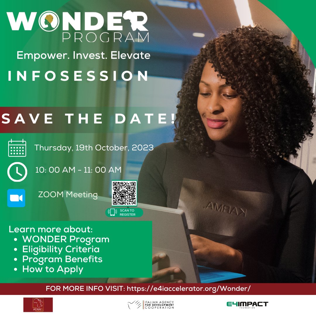 E4ICenterKenya's tweet photo. 📢INFOSESSION ALERT!

You are invited to the #WONDERProgram info-session this Thursday 19th October, 2023 at 10AM. Join the session and learn more about the #program as you look to beat the application deadline.

Register here https://t.co/vhBeRerN72

@AfDB_Group @AICS_Nairobi https://t.co/mj4W8Ockcw