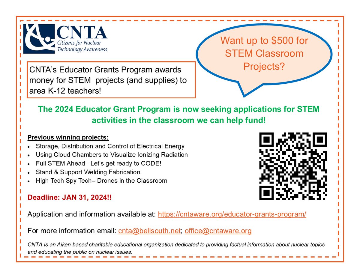 CNTA wants to partner with K-12 educators &amp; support STEM Education! Grants of $500 awarded to winning projects! Find out more at: cntaware.org/educator-grant…
#STEM  #nuclearsciweek