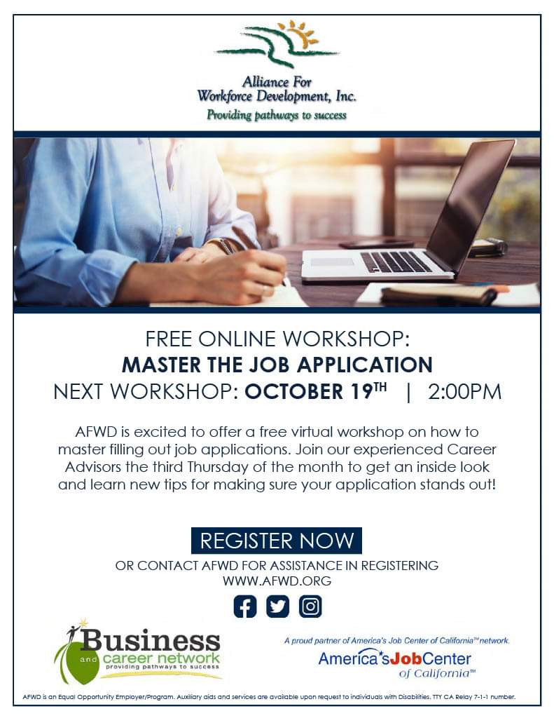 ChildLassen's tweet photo. ⭐ Free Job Application Workshop this Thursday online via Zoom at 2 PM! ⭐
This is a brief 1-hour workshop with great tips on how to best fill out those job applications for success! Register here:
https://t.co/z5xufjt3op
#afwd #allianceforworkforcedevelopment #jobapplication https://t.co/LGC51RbNBw
