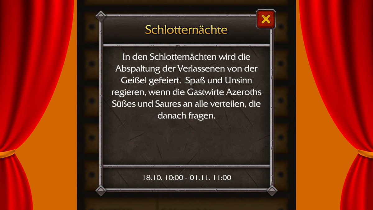 Morgen starten die Schlotternächte!

Azeroths beliebtes Fest: Verkleidung, Süßes und Saures. Schließt euch den Streichen an und besiegt den kopflosen Reiter. Denkt daran, Jesper und Spoops mit Süßigkeiten zu überraschen.

In diesem Jahr erstmals auf den Dracheninseln🎃

#Warcraft