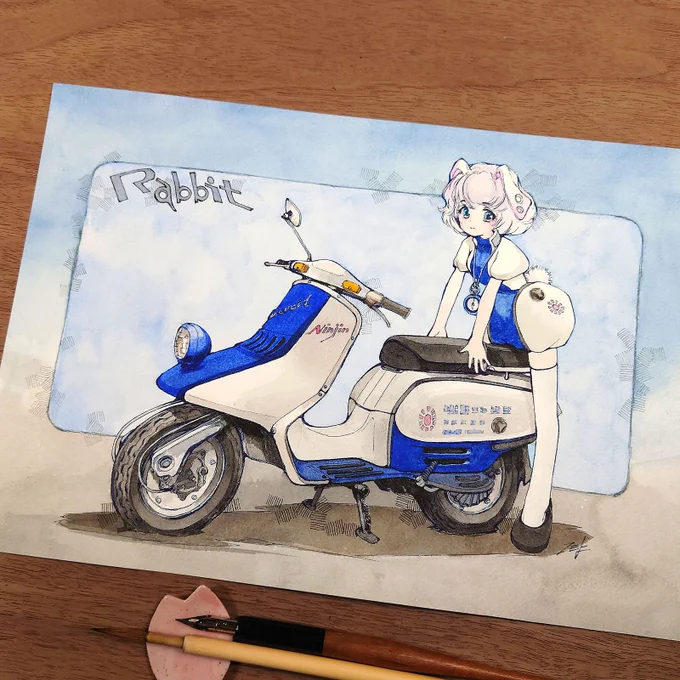 ご依頼で ラビット・ハイスーパー、ZERO-Z50M と その擬人化イラスト、描かせていただきました。ありがとうございました!ハイスーパーは、うさぎに時計で不思議の国のアリス的に。モリワキはフレームをリュックに、絆創膏でやんちゃなかんじにしました。 