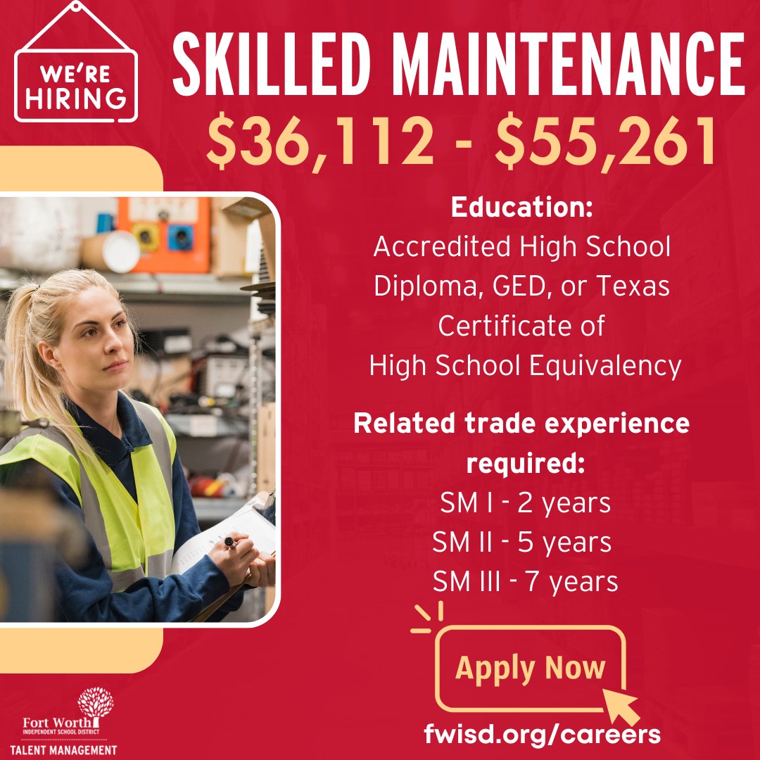 FWISDCareers's tweet photo. Apply today at https://t.co/qIGJE8jfNh to join #OneFortWorth #maintenanceworker https://t.co/YEW26g5IUX
