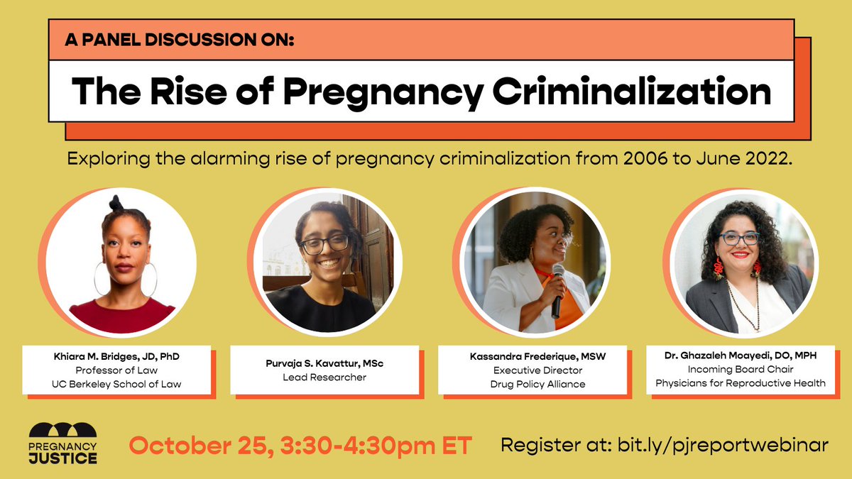 Have you registered yet? ✅ Join us next week for a panel discussion about the rise of pregnancy criminalization in the past 16.5 years with Khiara Bridges, Purvaja Kavattur, @Kassandra_Fred, and @dr_moayedi. 🗓️ Oct. 25, 3:30 pm ET 🔗 bit.ly/pjreportwebinar