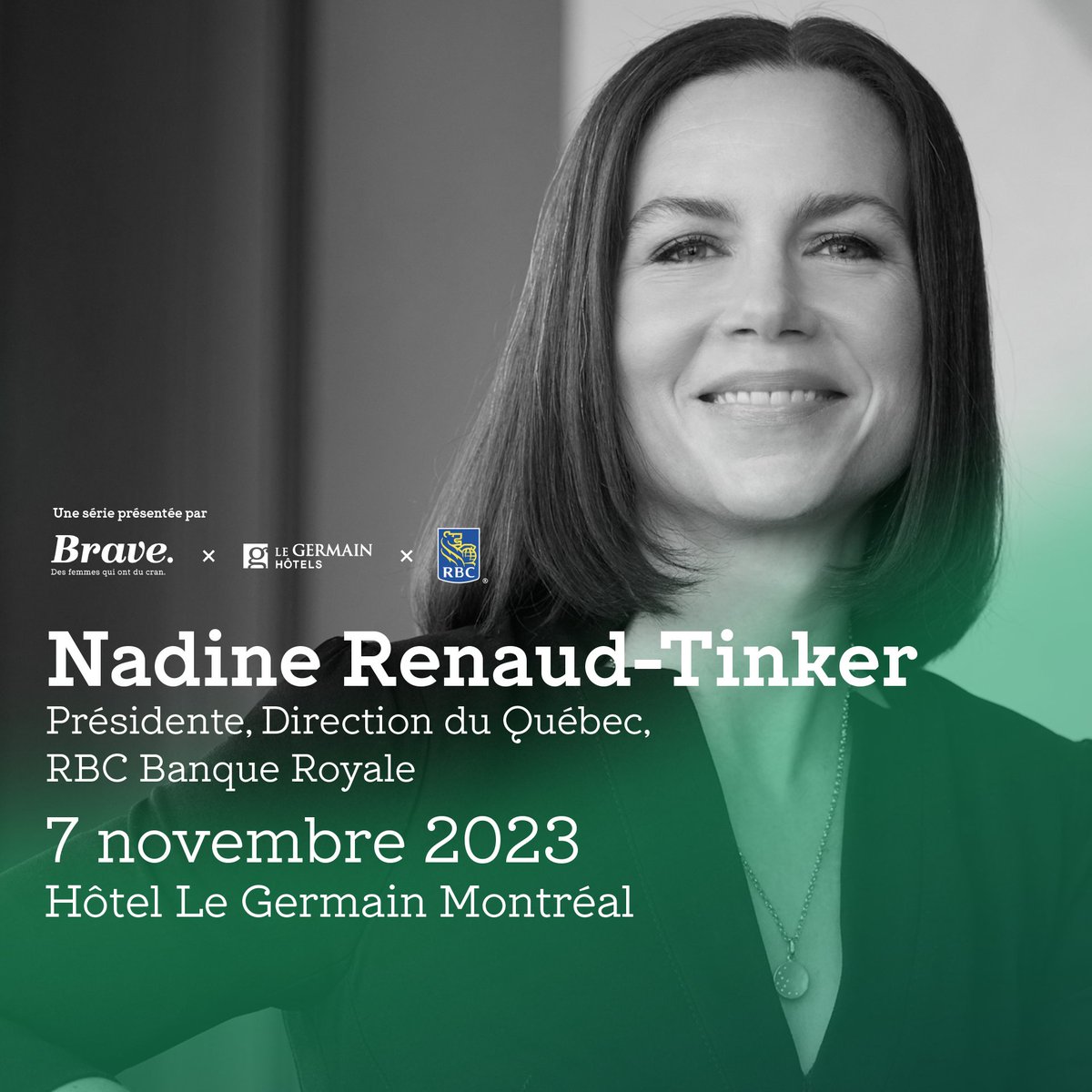 Dernière entrevue Brave de l’automne avec Nadine Renaud-Tinker, présidente de <a href="/RBC/">RBC</a> Banque Royale au Québec ! Rendez-vous le 7 novembre dès 17h30 au <a href="/legermainhotels/">Hôtels Le Germain</a>.  Billets limités : braveinspiration.com/agenda/ #balado #entrevue #interview #brave #courage #rbc #finances