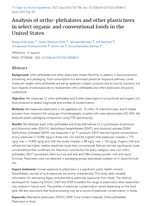 Babygravy9's tweet photo. In this new study, levels of plasticisers (phthalates etc) in sampled vegetable oils were up to 100x the highest level found in milk products. Plasticisers are associated with reduced testosterone levels and various reproductive defects in humans. https://t.co/5IcVu0VoDD