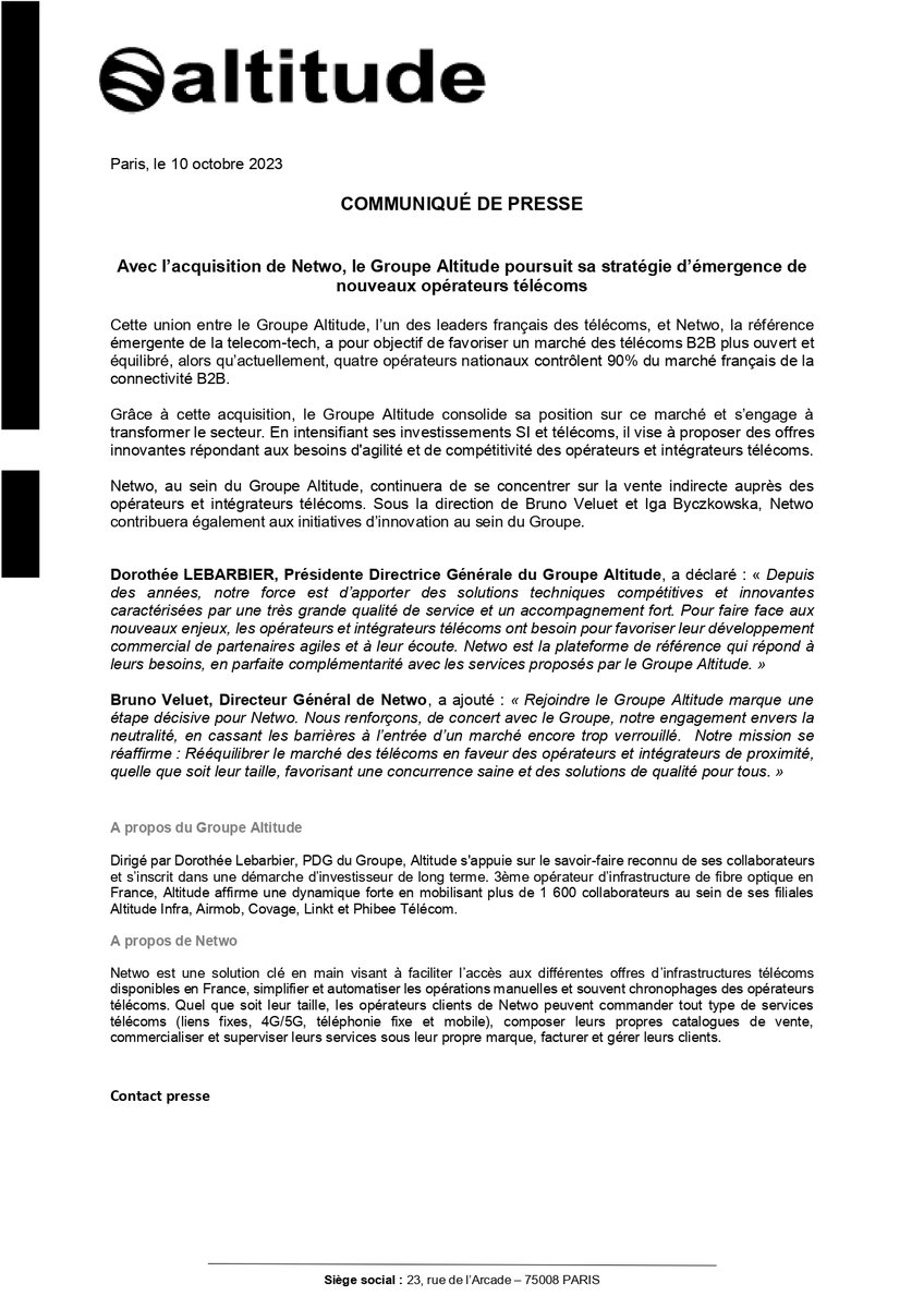 Netwo rejoint le Groupe @altitude_infra pour poursuivre sa stratégie d’émergence de nouveaux opérateurs télécoms ! 🚀
Nos missions:
✅ Rééquilibrer le marché des télécoms
✅ Favoriser une concurrence saine
✅ Répondre aux besoins de #compétitivité des acteurs télécoms