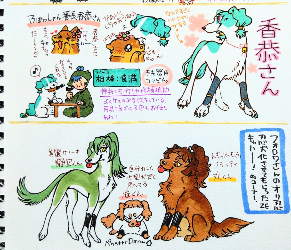 フォロワさん忍犬化第4弾🥷🐶 超特殊設定なので ⚠️なんでも許せる方向け  ・室町における犬種は気にしない ・わんこズは言葉書いちゃってますが人語が話せるワケではないです🐶