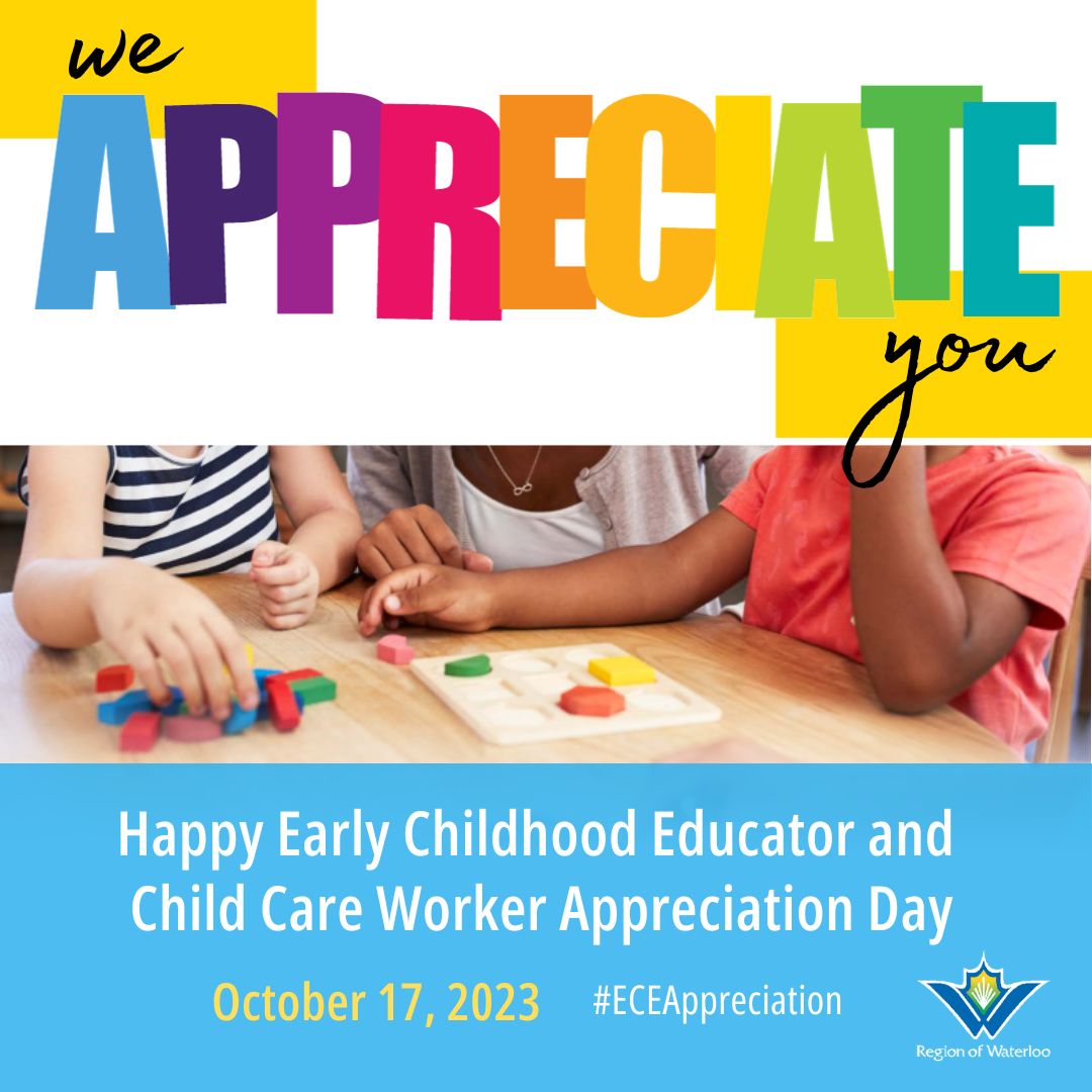 RegionWaterloo's tweet photo. Today is Early Childhood Educator and Child Care Worker Appreciation Day! Early years and child care workers are essential in the lives of children and families in our community. Share your appreciation with your child care worker today 💙 Find out more: https://t.co/rHctWrqd5f https://t.co/fMCgtnZCiB