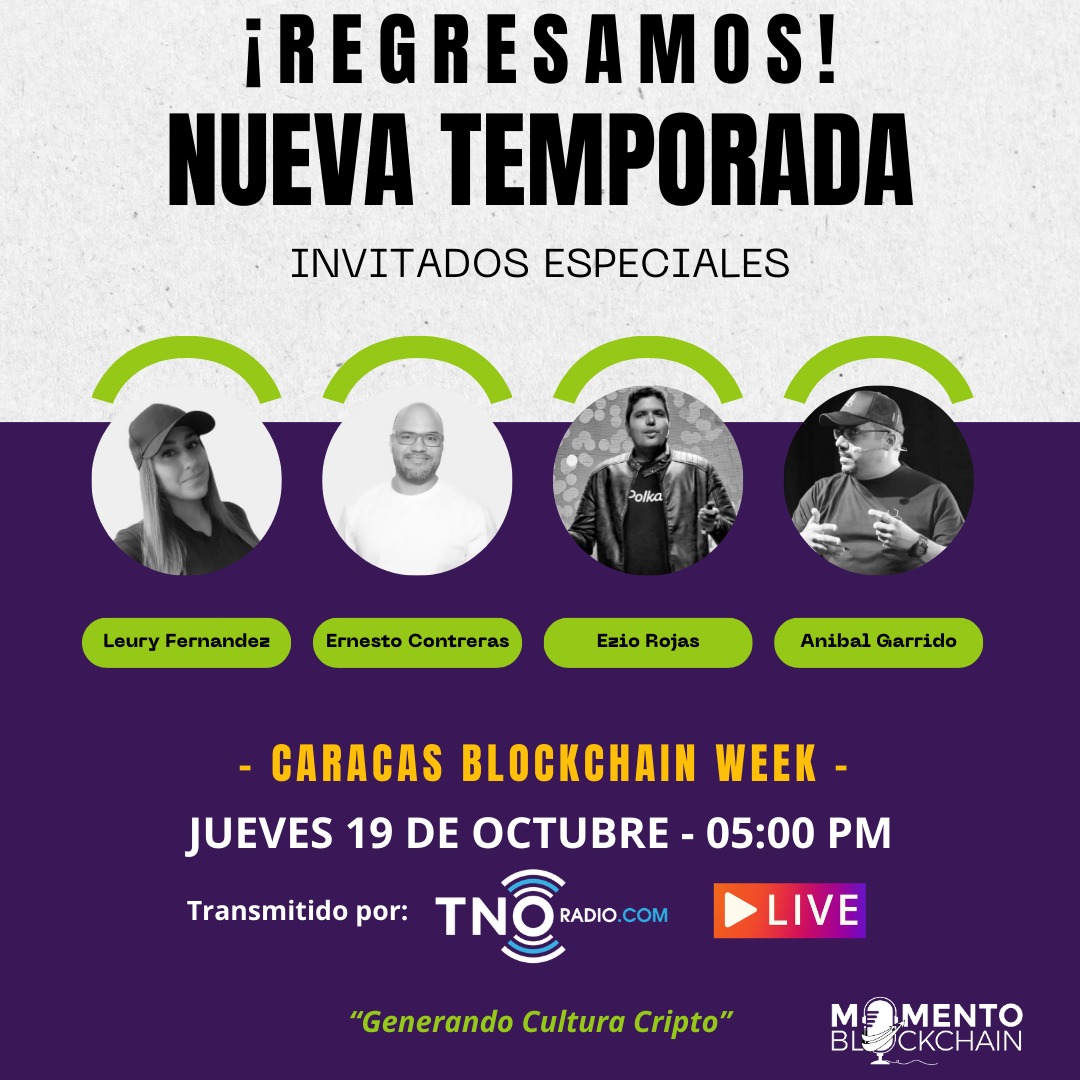 📢 Regresa el único programa que reúne a profesionales de diversas áreas que coinciden en tecnologías disruptivas: Momento Blockchain 🎙️

Lo hacemos en sintonía con el evento Blockchain más importante del país 🇻🇪 la <a href="/CCSBlockchainWk/">Anibal Garrido</a> en su versión 2023

Este jueves por <a href="/TNOradio/">TNO NETWORK</a>