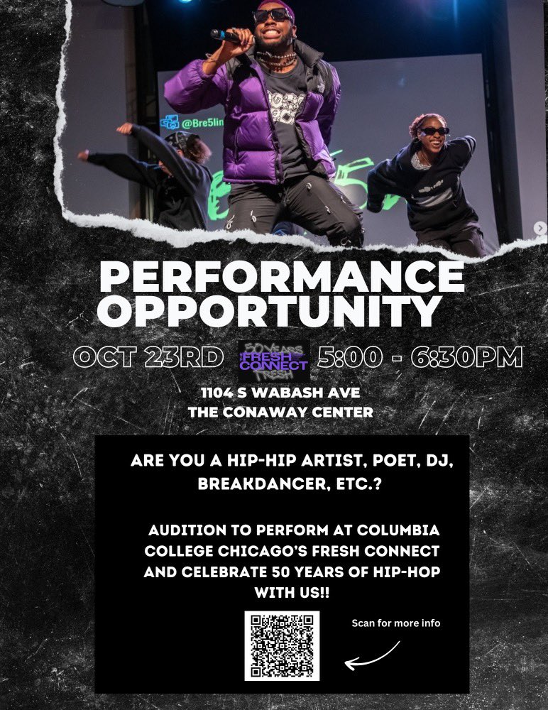 CCCFreshConnect's tweet image. Howdy Hip-Hoppers, come down to the Conaway center and try your chance at preforming at the Fresh Connect Vol. 7 with Auditions being held starting at 5:00!  LINK IN BIO  #thefreshconnectccc #hiphop #HipHop50 #dance #graffiti #art #artist #columbiacollegechicago #CCC