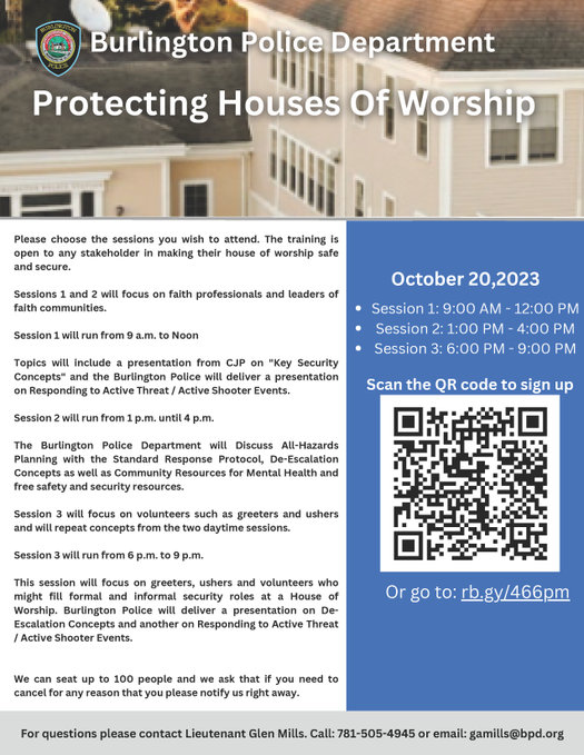 burlingtonpd's tweet photo. Free Training - Protecting Houses Of Worship 

October 20, 2023 at Grandview Farm

Registration is open to any stakeholder involved in making their house of worship safe and secure. 

Open to Burlington &amp; Surrounding Communities. Limited to 100 seats

https://t.co/mfjq0kX6p8 https://t.co/KIpT9NxWdF