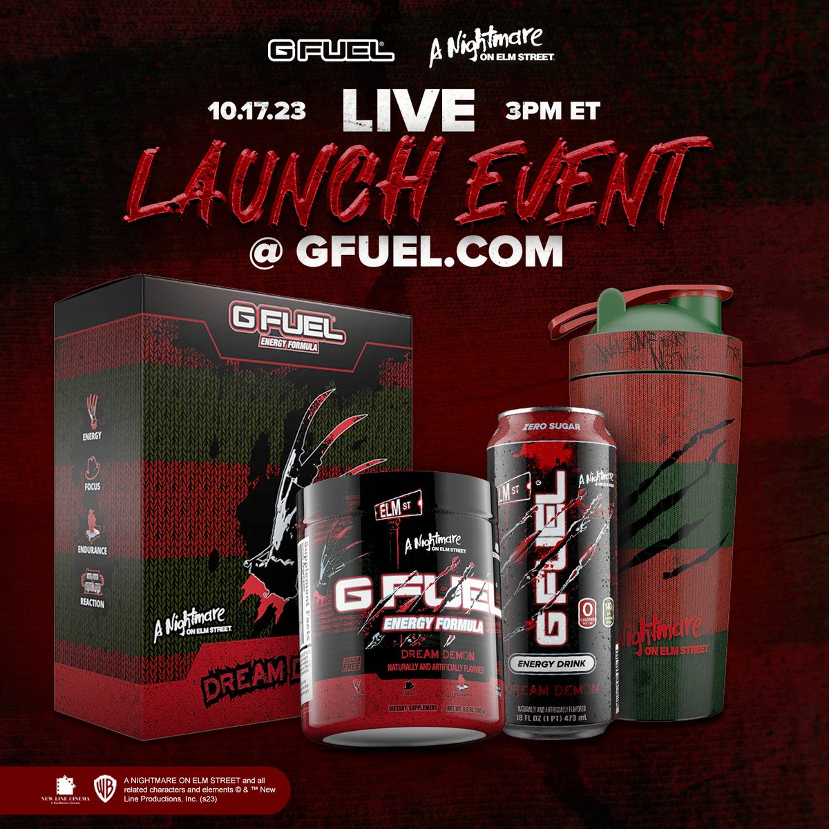 GFuelEnergy's tweet photo. 😱 Join us today at 3pm ET for a KILLER #ANightmareOnElmStreet x #GFUEL "𝐃𝐑𝐄𝐀𝐌 𝐃𝐄𝐌𝐎𝐍" LIVE LAUNCH EVENT! 

❤️ 𝐑𝐓 + 𝐅𝐎𝐋𝐋𝐎𝐖 to win a Tub! 2 winners picked tomorrow!

🎙️ HOST: @chlooeeeexo
⏰ TODAY! 3PM ET!
🛒 https://t.co/88BLIeTwEv https://t.co/NlmMVxpxq3