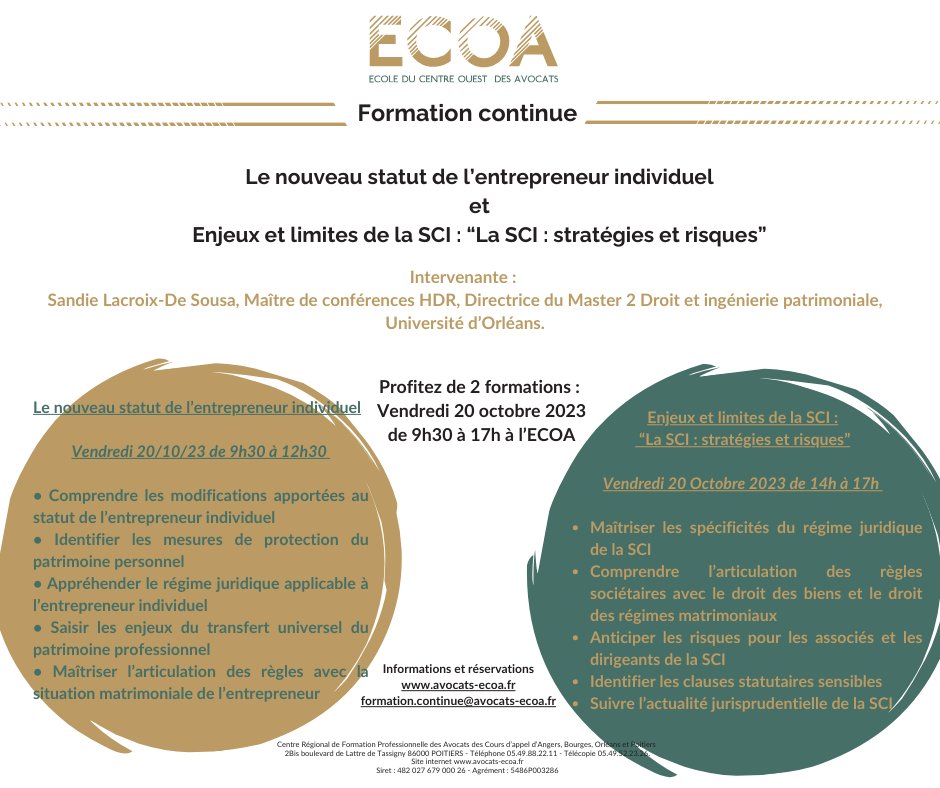 Vendredi, nouvelle formation à Poitiers ! 
Deux thématiques sur la journée : le statut de l’entrepreneur individuel et les enjeux et limites de la SCI !
Quelques places sont encore disponibles, n’hésitez pas à vous inscrire! 
lnkd.in/ghRbTp5
