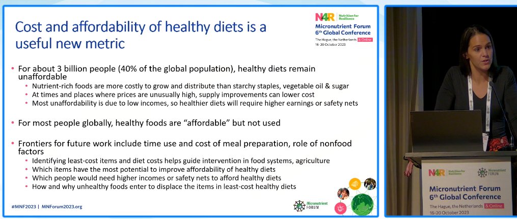 #FoodPrices for Nutrition-2 noteworthy points from @RachelDGilbert: Unhealthy foods displace items in least-cost healthy diets + 
Most unaffordability is due to low incomes--healthier diets will require higher earnings #FoodSecurity <a href="/GAINalliance/">GAIN</a> <a href="/TuftsNutrition/">Tufts Nutrition</a> <a href="/MNForum/">Micronutrient Forum</a>
#MNF2023