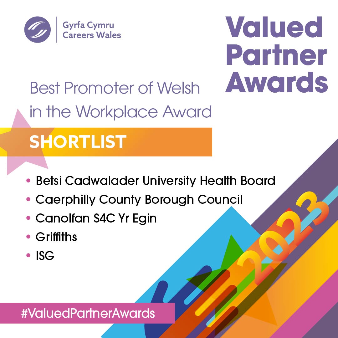 Congratulations to <a href="/BetsiCadwaladr/">Betsi Cadwaladr</a>, <a href="/CaerphillyCBC/">CaerphillyCBC</a>, <a href="/S4C/">S4C 🏴󠁧󠁢󠁷󠁬󠁳󠁿</a> Yr Egni, <a href="/AlunGriffiths_/">Griffiths</a> and @isglimited   who have been shortlisted for Best Promoter of Welsh in the Workplace at this year’s #ValuedPartnerAwards 🎉