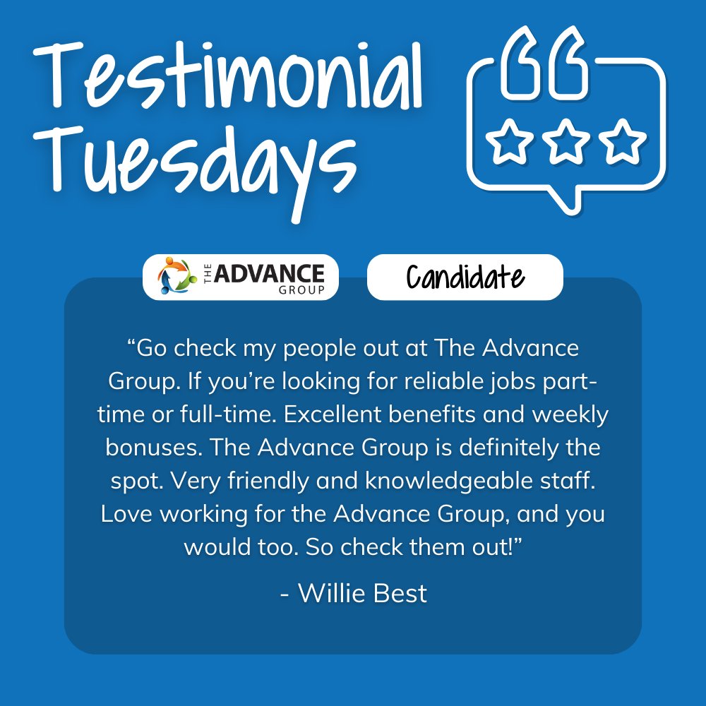 advancestaffing's tweet image. Thank you for the review, Willie! We're so glad The Advance Group was able to assist in your job search.

Contact our experts today: nsl.ink/bJBq.

#TheAdvanceGroup #BetterJobs #BetterPeople #DirectHire #TemporaryStaffing #TempToHire #StaffingSolutions #Manufacturing