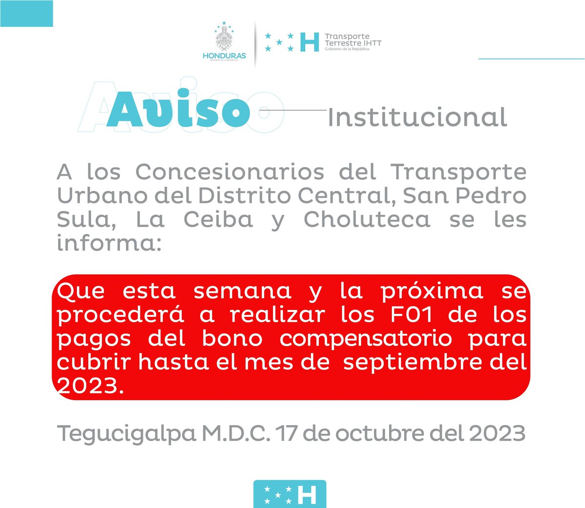 IHTT_HN's tweet photo. A los Concesionarios del Transporte Urbano del Distrito Central, de  San Pedro Sula, La Ceiba y Choluteca se les informa: 👇🏼 https://t.co/qtXJadclJY