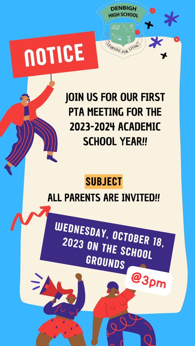 Denbighhighja's tweet photo. Good morning, parents,

Please be reminded that the PTA will have their first meeting tomorrow at 3pm

Please make an attempt to be there. 

Thank you. https://t.co/EtFGbcSYXh